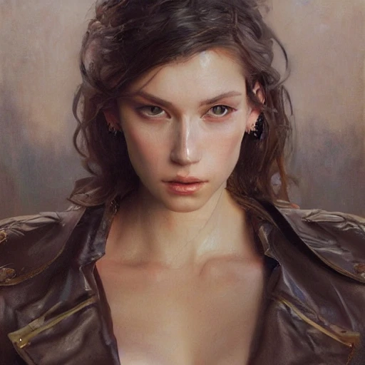 Beautiful, muscular, seductive girl, wearing an oversized leather jacket, night, very detailed face, oil painting, highly detailed cinematic lighting, beautiful, hyper-realistic, by ruan jia,Diego Rivera,Greg Rutkowski,Alphonse Mucha