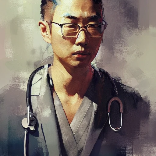 Professional painting of a Japanese doctor by Jeremy Mann, Rutkowski and other Artstation illustrators, intricate details, face, portrait, headshot, illustration, UHD, 4K