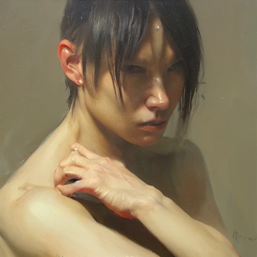 musclepunk naked, night time, highly detailed face, oil painting, by ruan jia