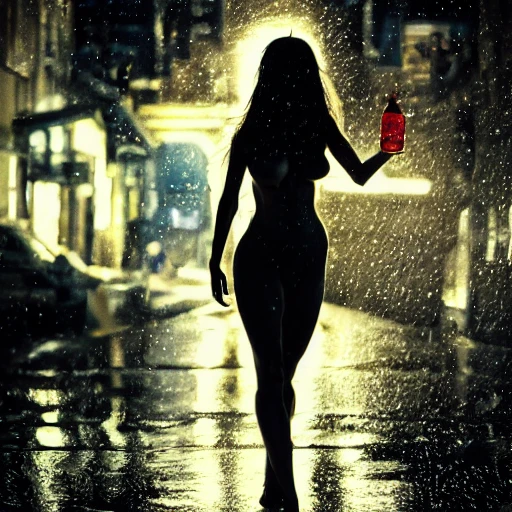 by wlop, dynamic action photograph of a ((frightened)), naked, fit, woman, clothes off, perfect face, wet skin, full lips, ((small breasts)), detailed tits and breasts, highly detailed face and arms and hands, (((standing in a rainy cyberpunk alley at night))), showing tits, cinematic lighting, by rembrandt