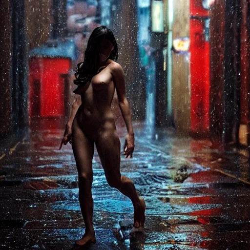 by wlop, dynamic action photograph of a ((frightened)), naked, fit, woman with a man, clothes off, perfect face, wet skin, full lips, ((small breasts)), porn, blowjob, detailed tits and breasts, highly detailed face, (((standing in a rainy cyberpunk alley at night))), showing tits, cinematic lighting, by rembrandt