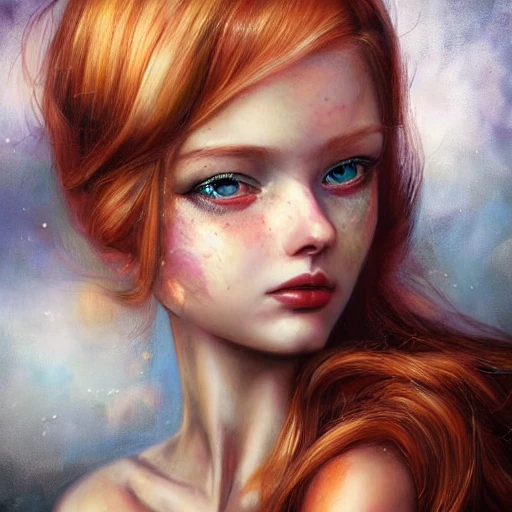 Academic figurative painting by anna dittman
, intricate details, portrait, face, close-up, illustration, UHD, 4K, emerald eyes with details, blonde, very beautiful, bright, slender, red hair and very fair skin, realistic skin, smooth skin, lots of light, with shadows, freckles, sexy