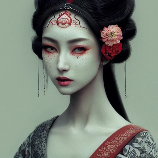 redshift style, a real perfect female body of beautiful Geisha, perfect face, intricate, elegant, highly detailed, trending on artstation, by Tom Bagshaw and Seb McKinnon, 150mm portrait, photography, epic cinematic, octane render , denoise, photograph with a Hasselblad H3DII, extremely detailed, DOF --upbeat --v 4, Trippy