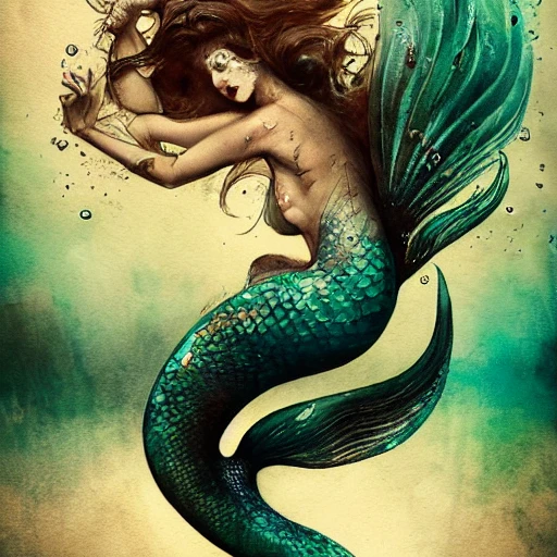 beautiful mermaid, cinematic pose, ink dropped in water by Tom Bagshaw and Seb McKinnon, shark, rococo details, post processing, painterly, book illustration watercolor granular splatter dripping paper texture, ink outlines, arcane style

