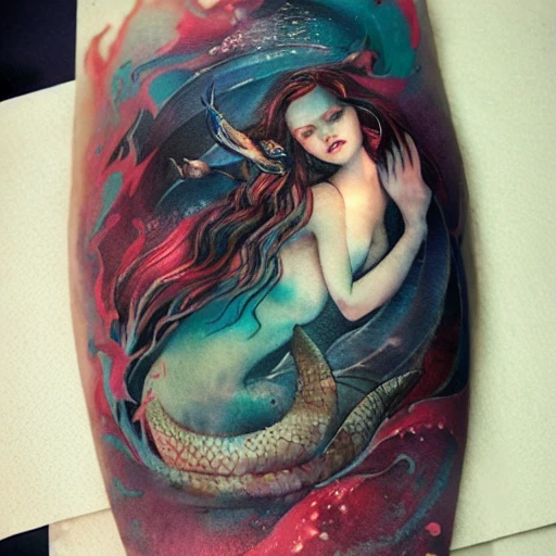 beautiful mermaid tattoo, cinematic pose, ink dropped in water by Tom Bagshaw and Seb McKinnon, shark, rococo details, post processing, painterly, book illustration watercolor granular splatter dripping paper texture, ink outlines, arcane style

