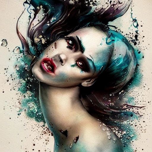 beautiful mermaid tattoo, black hair, tanned skin, perfect face, sexy, cinematic pose, ink dropped in water by Tom Bagshaw and Seb McKinnon, shark, painterly, book illustration watercolor granular splatter dripping paper texture, ink outlines, arcane style