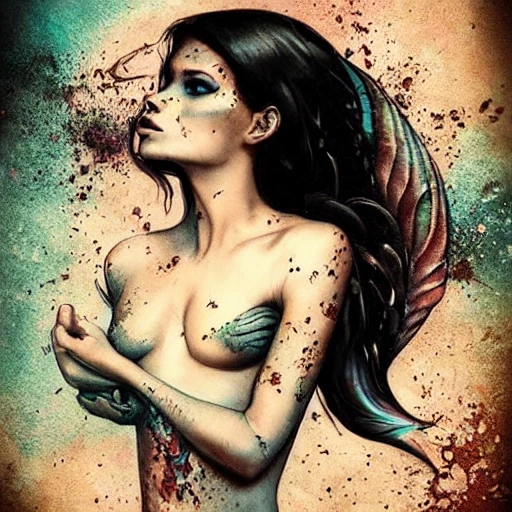 beautiful mermaid tattoo, black hair, tanned skin, perfect face, sexy, cinematic pose, ink dropped in water by Tom Bagshaw and Seb McKinnon, shark, painterly, book illustration watercolor granular splatter dripping paper texture, ink outlines, arcane style, Pencil Sketch