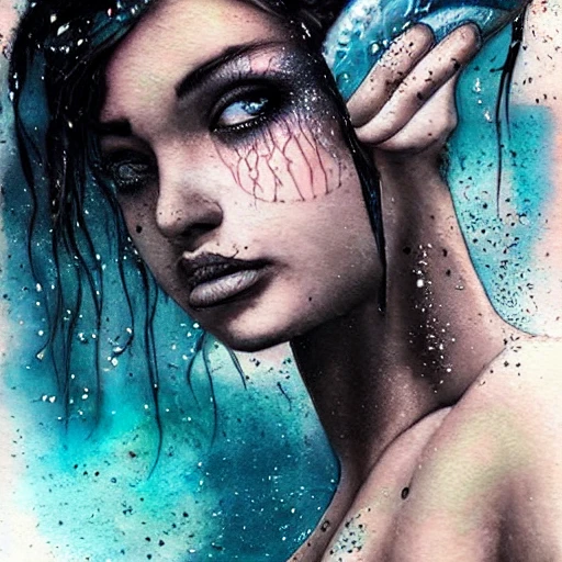 beautiful mermaid tattoo, swimming, black hair, tanned skin, perfect face, sexy, cinematic pose, ink dropped in water by Tom Bagshaw and Seb McKinnon, shark, painterly, book illustration watercolor granular splatter dripping paper texture, ink outlines, arcane style, Pencil Sketch