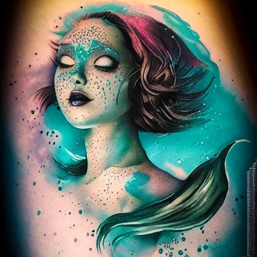 beautiful mermaid tattoo, swimming, black hair, tanned skin, perfect face, sexy, cinematic pose, ink dropped in water by Tom Bagshaw and Seb McKinnon, shark, painterly, book illustration watercolor granular splatter dripping paper texture, ink outlines, arcane style, Pencil Sketch, Trippy