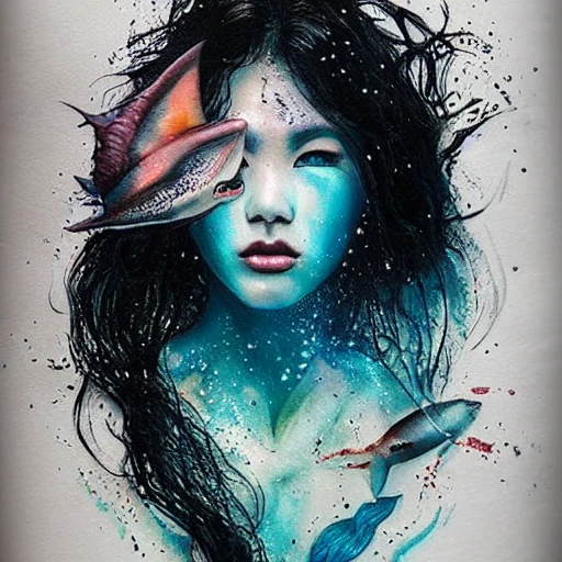 asian mermaid tattoo, swimming, black hair, tanned skin, perfect face, sexy, cinematic pose, ink dropped in water by Tom Bagshaw and Seb McKinnon, shark, painterly, book illustration watercolor granular splatter dripping paper texture, ink outlines, arcane style, Pencil Sketch, Trippy