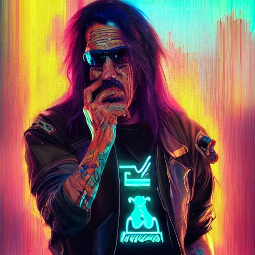 portrait of a cyberpunk Danny Trejo with cyberimplants, random clothes, black hair color, light neon glowing, ilya kuvshinov, artgerm, krenz cushart, greg rutkowski, hiroaki samura, kramskoi, hdr, reflection, dripping neon paint, cyberpunk edge-runners style