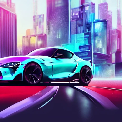 a digital painting of a futuristic minimal toyota supra mk4 semi concept car, cyberpunk photography, automotive design, downtown road, mirror's edge, big city, front view, electric, 4k, concept, future, colorful, neon, fantasy, dramatic lighting, neon city, hyper detailed, hyper realistic detailed, clear sky, sun, cyberpunk