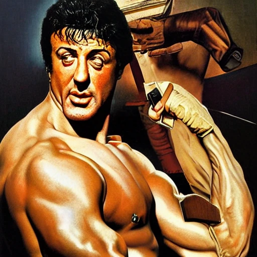 portrait of sylvester stallone by gil elvgren and norman rockwell and rob gonsalves and hajime sorayama, hyperrealistic, high detail, ultra detailed, highly detailed face, 3D