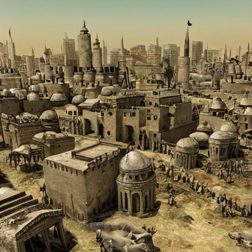 Great Middle Eastern city surrounded by marauding savages from hill tops, realistic, fine details, dark