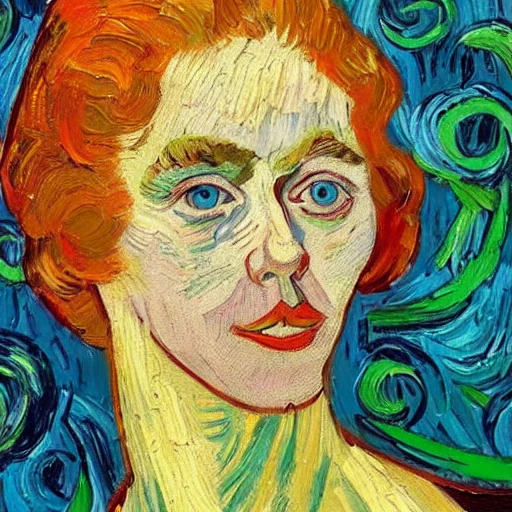 beautiful woman, oil painting, impressionist, portrait, perfect anatomy, vivid, colorful, Vincent Van Gogh, hair in the wind, psychedelic