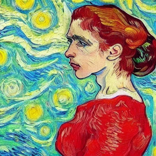beautiful woman, oil painting, impressionist, portrait, perfect anatomy,  red dress, vivid, colorful, Vincent Van Gogh, hair in the wind, psychedelic