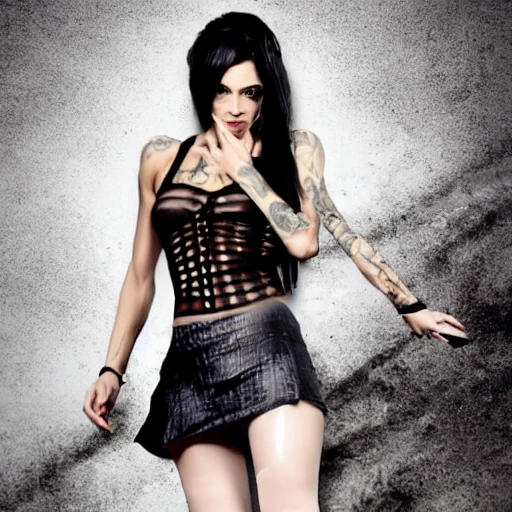 dramatic action photograph of a ((frightened)), sexy, slender, fit, woman with green eyes, (((very dark brown skin))), short black hair, wet hair and skin, full lips, ((small breasts)), ((barcode cheek tattoo)),  wearing sheer blouse and silk skirt, thigh high boots, choker, nose piercing, detailed hands and breasts, carrying a briefcase and ((holding a gun)), (((looking behind her, running through a rainy cyberpunk alley at night))), DOF, 85mm, cinematic lighting, wlop, by rembrandt
