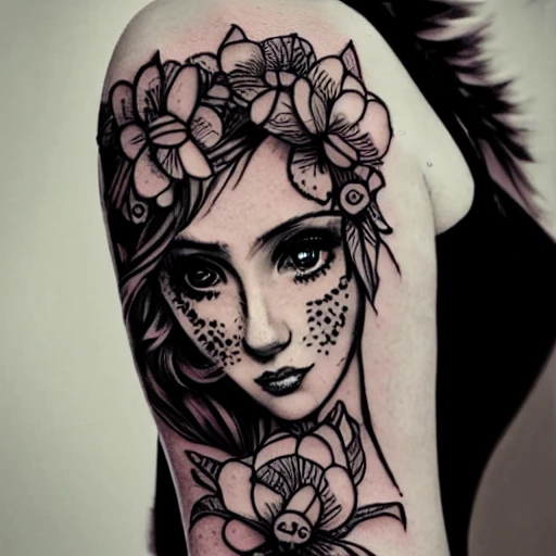 tattoo design, tattoo stencil, traditional, beautiful portrait of a Delphine with flowers in her hair, upper body, by artgerm, digital art, cat girl, anime eyes, anime, sexy-s 100