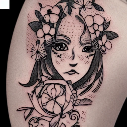 tattoo design, stencil, traditional, beautiful portrait of a Delphine with flowers in her hair, upper body, digital art, cat girl, anime eyes, anime, sexy-s 100