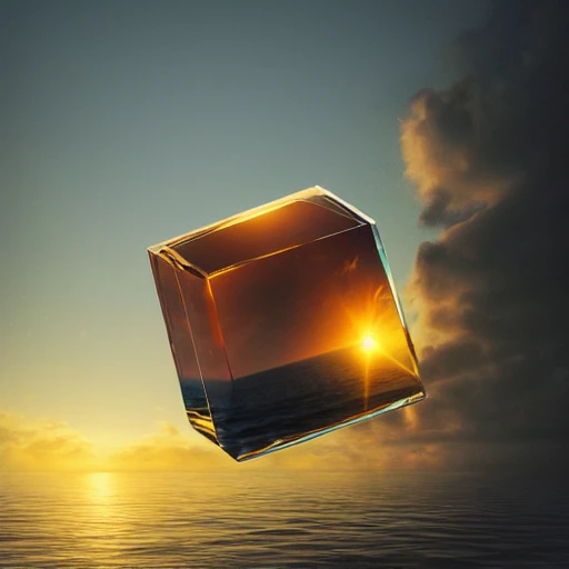 fine-art photography of a Clear crystal cube, reflecting the seaface, floating on the tumultuous sea, Arctic Ocean, sunset, magic time, by Andreas Rocha, Minimalism, artistic, atmospheric, masterpiece, golden ratio composition, hyper-detailed, 8K wallpaper