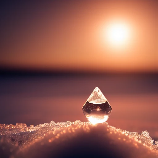 fine-art photography of a small Clear crystal ice cube, floating above the horizon, snow field, sunset, magic time, HDR, Minimalism, artistic, atmospheric, Centered symmetrical composition, conceptual design, futuristic, cinematic, hyper-detailed, 8K wallpaper