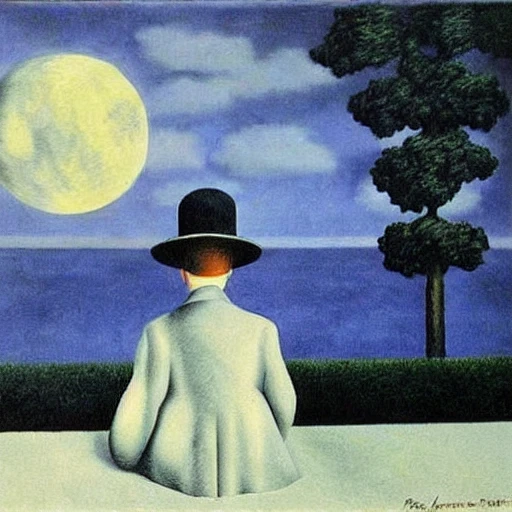 the poet writes in the moonlight, painting, by rené magritte, oil painting, surrealism, Pencil Sketch, Water Color
