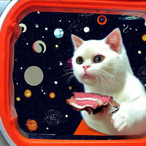 Bambino cat eats pastrami in space station
