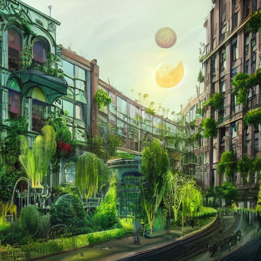 solarpunk,city, green,plants, buildings,art nouveau, concept art, fantasy