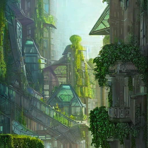 solarpunk,city, green,plants, buildings,art nouveau, concept art 