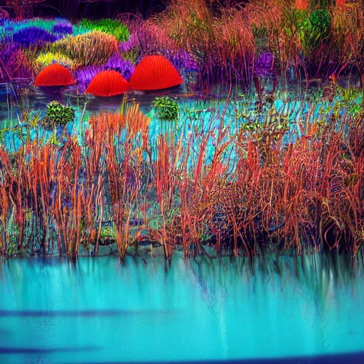 lagoon, fungi zoom, blue colors, out of the space, light and shadow, Cartoon