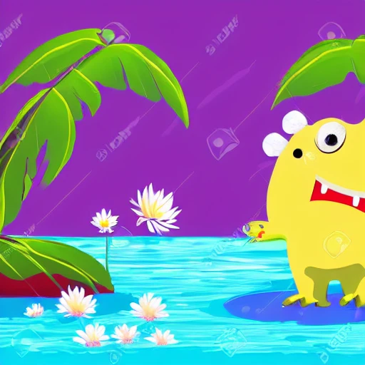 friendly monster around a lagoon, flufy with white fur, boby chiu style illustration, flowers and vegetation with a few insects 