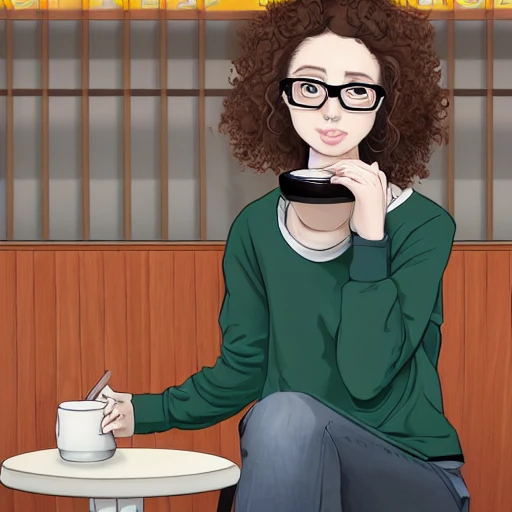 adult, (pale sleep deprived geek girl), (pale), (sleep deprivation), circles under the eyes, panda eyes,  ((curly hair,))  wearing glasses and sweater dress, perfect face, ((detailed eyes)),  (( detailed pupils)),  slightly muscular,  fit,  full body shot,  sitting in a cafe, intricate,  detailed, (line art), insanely high res, 8K, HD, ((WLOP)), rossdraws, artgerm, (((vivid colors))), Chaïm Soutine,, Felix Octavius Carr Darley