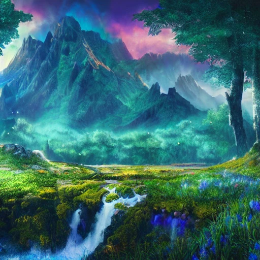 a flswery meadow, trees floating, mountains in the backgroud, with blue waterfall, deep color, fantasy art, wonderland detailed matte painting, concept art, digital painting, 8K ultra, , Trippy