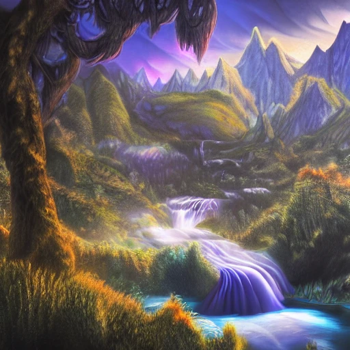 a flswery meadow, trees floating, mountains in the backgroud, with blue waterfall, deep color, fantasy art, wonderland detailed matte painting, concept art, digital painting, 8K ultra, , Trippy, Pencil Sketch