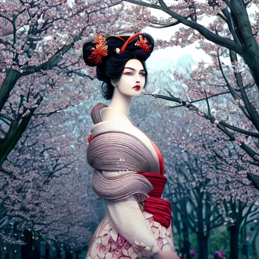 redshift style, a real perfect beautiful Geisha in Paris, Sakura Trees blooming in Spring, walking along Champs Elysee, Evening sunlight at angle, perfect face, intricate, elegant, highly detailed, trending on artstation, by Tom Bagshaw and Seb McKinnon, 150mm portrait, photography, epic cinematic, octane render , denoise, photograph with a Hasselblad H3DII, extremely detailed, DOF --upbeta --v 4