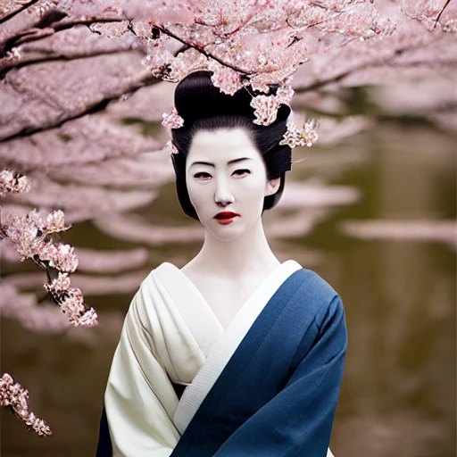 redshift style, a real perfect beautiful Geisha in Kyoto, Sakura Trees blooming in Spring, perfect face, intricate, elegant, highly detailed, shot by Annie Leibovitz, 24mm portrait, landscape , photography, epic cinematic, octane render , denoise, photograph with a Hasselblad H3DII, extremely detailed, DOF --upbeta --v 4