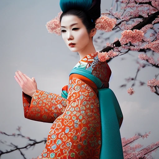 teal and orange style, a real perfect beautiful Geisha in Kyoto, Sakura Trees blooming in Spring, perfect face, intricate, elegant, highly detailed, trending on artstation, by Tom Bagshaw and Seb McKinnon, 150mm portrait, photography, epic cinematic, octane render , denoise, photograph with a Hasselblad H3DII, extremely detailed, 8K render --upbeta --v 4