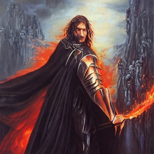 Aragorn challenged sauron to come forth to single combat. And sauron came oil on canvas