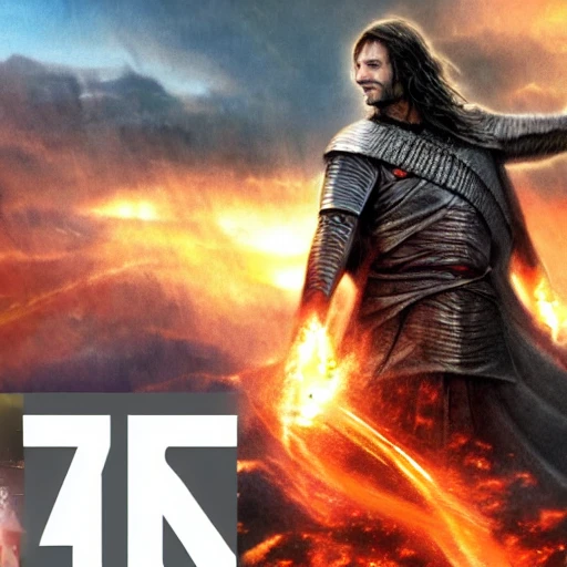 Aragorn fights sauron on top of a vulcano hyper realistic 4k
