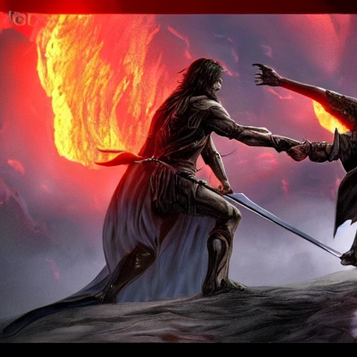 Aragorn fights sauron on top of a vulcano hyper realistic 4k hr geiger style

