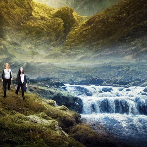 the ring fellowship of 7 walking on a valley by a river hyper realistic 4k hr geiger style


