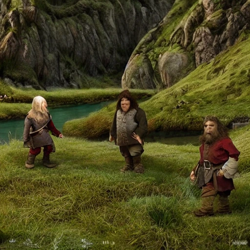 dwarf, hobbit, elf the ring fellowship of walking on a valley by a river hyper realistic 4k hr geiger style

