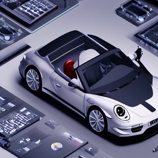 knollingcase, isometic render, a porsche car, isometric display case, knolling teardown, transparent data visualization infographic, high-resolution OLED GUI interface display, micro-details, octane render, photorealism, photorealistic