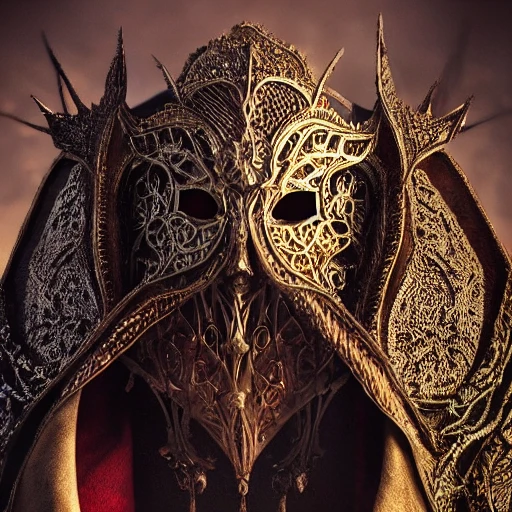 filigree detailed cape and mask, macro lens, dramatic lighting, low angle, beautifully backlit, watercolor artstation, Darsksouls, Elden Ring, Bloodborn, From Software, cinematic shot