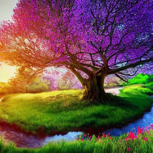 curved tree with a round crown of leaves, a stream passing below, in the middle of a beautiful meadow with thousands of colorful flowers, the sea in the background with a setting sun, 8k ultra, Trippy