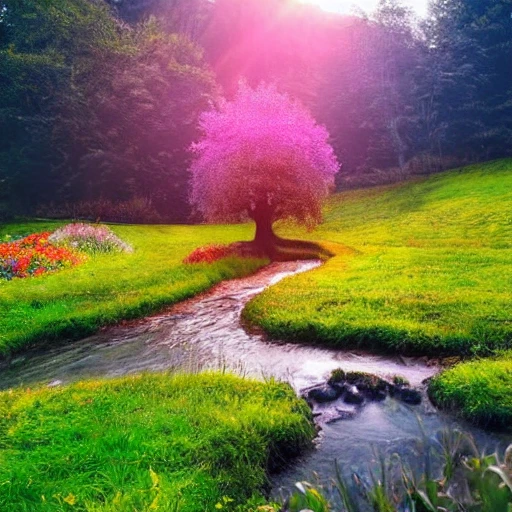 curved tree with a round crown of leaves, a flowing stream in the foreground, a horse drinking from it, in the middle of a beautiful meadow with thousands of colorful flowers, the sea in the background with a setting sun, 8k ultra, Trippy