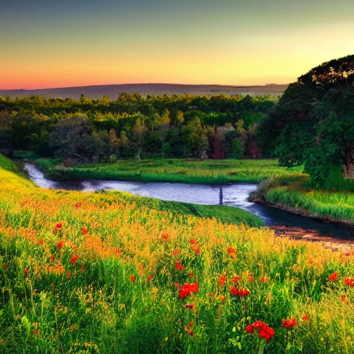 curved tree with a crown of round leaves, a river crossing the landscape, a horse grazing the grass in the foreground, in the middle of a beautiful meadow of thousands of colorful flowers, the sea in the background with a setting sun, 8k ultra,