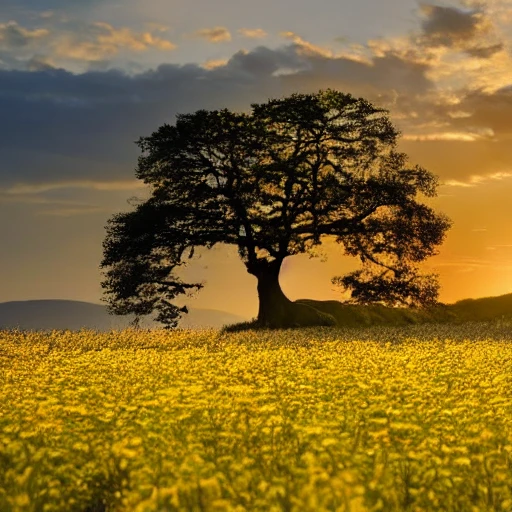 curved tree with a crown of round leaves, a river crossing the landscape, in the middle of a beautiful meadow of thousands of colorful flowers, the sea in the background with a setting sun, a horse grazing the grass in the foreground