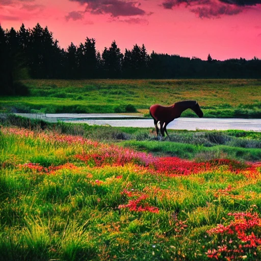 curved tree with a crown of round leaves, a river crossing the landscape, in the middle of a beautiful meadow of thousands of colorful flowers, the sea in the background with a setting sun, a horse grazing the grass in the foreground, Trippy