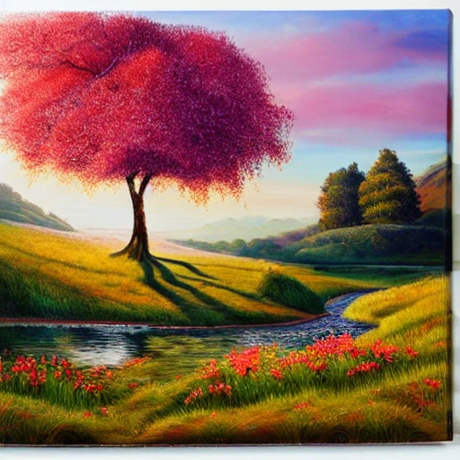 curved tree with a crown of round leaves, a river crossing the landscape, in the middle of a beautiful meadow of thousands of colorful flowers, the sea in the background with a setting sun, a horse grazing the grass in the foreground, , Oil Painting